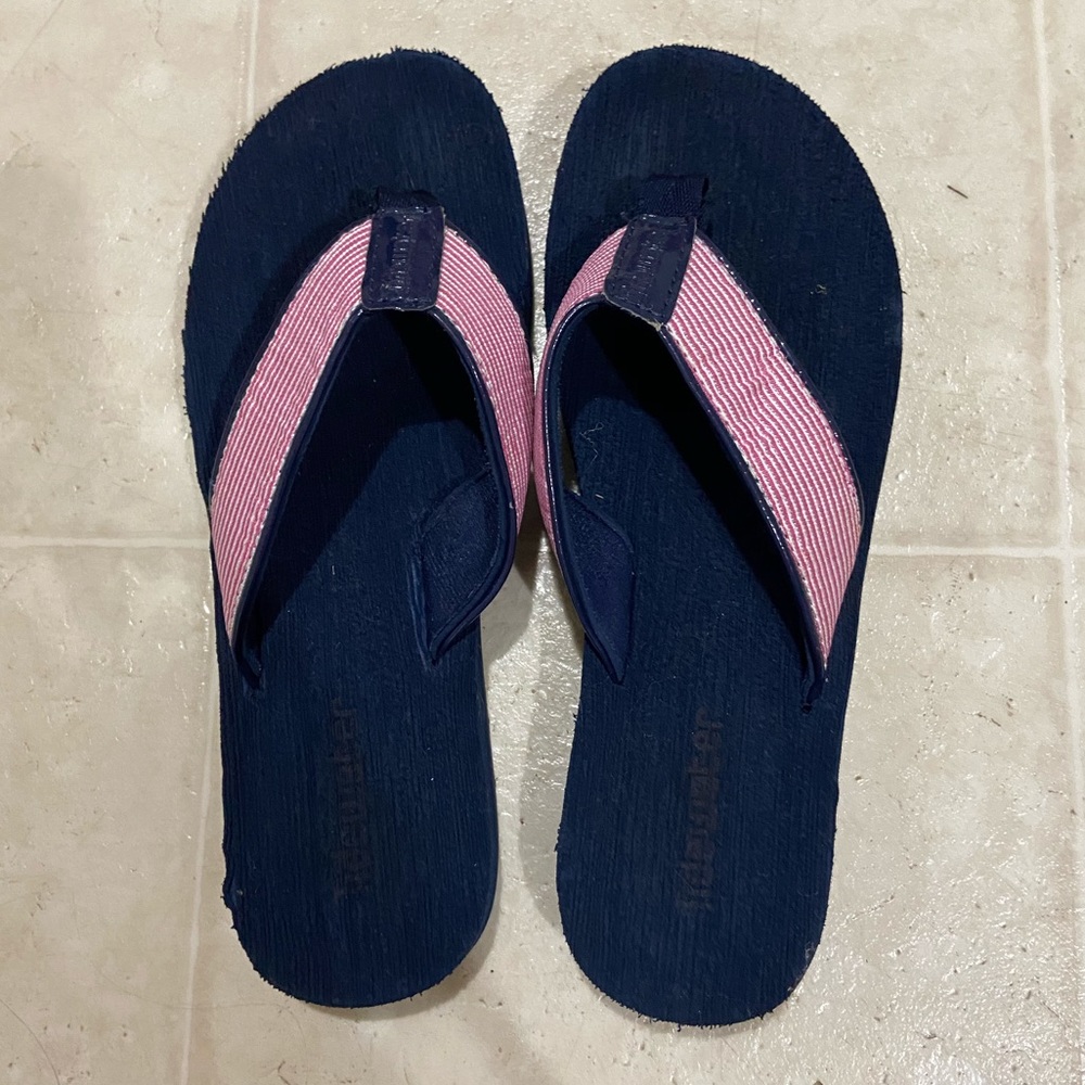 Blue and pink tidewater flip flops
